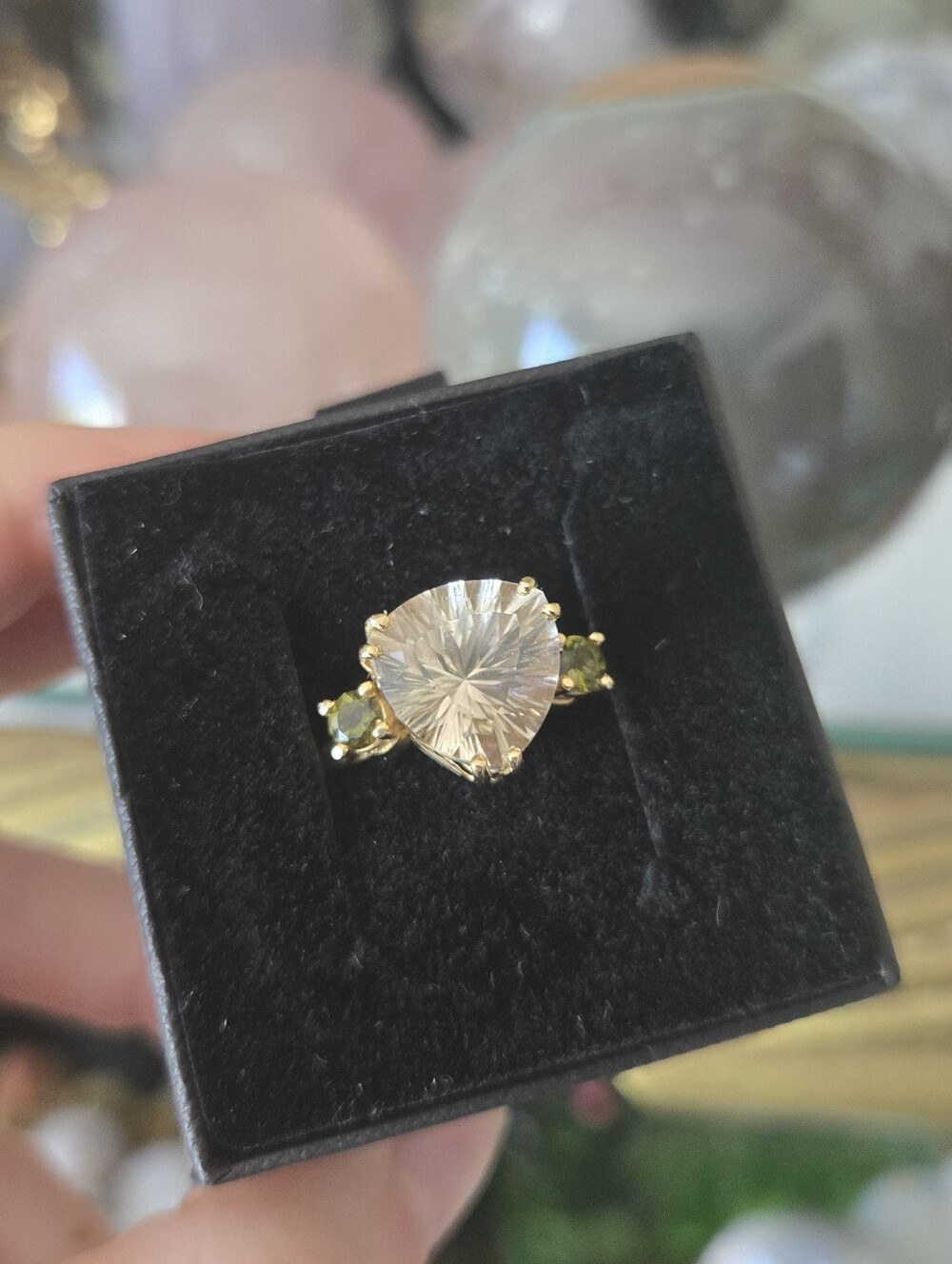 14k Gold Trillion Cut Herkimer Diamond With Green Tourmaline gems ring Size 9